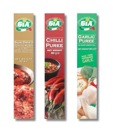 Gia Gourmet Trio: Sundried Tomato Puree 70g Garlic Puree 90g Chilli Puree 80g - Flavorful Cooking Essentials 1 Box Each by The Great British Kitchen