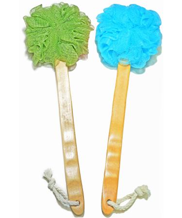 Shower Loofah Body & Back Scrubber - Exfoliating luffa loofa Bath Brush On a Stick - With Long Wooden Handle Back Brush For Men & Women - Easy Reach Body Wash & Lotion Applicator(2Pack-Blue&Green)