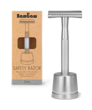 Metal Safety Razor Silver with Safety Razor Stand | Wet Razor for Men and Women | Fits All Double Edged Razor Blades | Environmentally Friendly and Reusable | DE Safety Razor Metal | Bambaw Silver with Stand