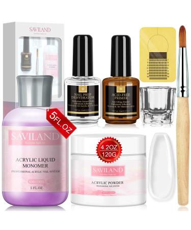 Saviland Clear Acrylic Powder and Liquid Set - Professional Acrylic Nail Kit with Acrylic Powder Crystal Clear 4oz Acrylic Liquid Monomer 5oz, Nail Dehydrator for Doing Acrylic Nails Clear Acrylic Nail Kit