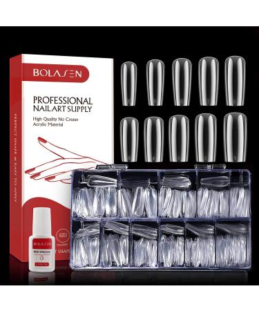 False Nail Tips for Acrylic Nails, BOLASEN Clear False Nails Tips , 500Pcs Full Cover False Nail Tips, Clear Fake Nails Square Shape Acrylic Nail Tips with Glue for Nail Salon & Home DIY, 10 Sizes