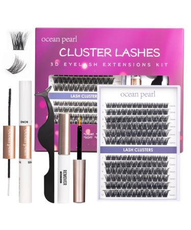 Lash Extension Kit 144 Cluster Individual Lashes Natural with Lash Bond and Seal Super Hold Eyelash Tweezers Lash Glue Remover Easy to Remove for Beginner DIY at Home 10-16mm C/D Curl - OP01 144 clusters kit - OP01