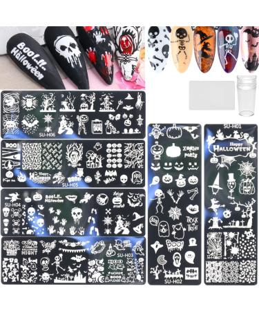 RUNRAYAY Halloween Nail Stamper Kit 6Pcs Nail Plates + 1 Nail Stamper + 1 Nail Scraper Human Skeleton/Spider Web/Pumpkin/Withered Tree Design Nail Decoration Supplies 8 Piece Set A + Tools