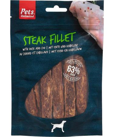Pets Unlimited Steak Fillet Dog Treat | A premium meaty treat 100% natural with no artificial Colours flavours or preservatives | Rawhide Free Dog Treats | 84% Duck & Fish