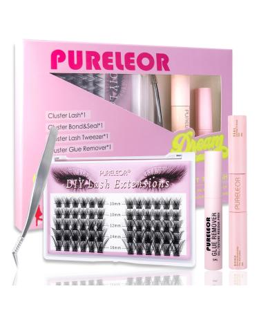 Lash Clusters DIY Eyelash Extension Kit with Bond Seal Lash Applicators Individual Lashes Remover Kit Soft False Lashes for Personal Use at Home 10-16mm Cloudy Kit