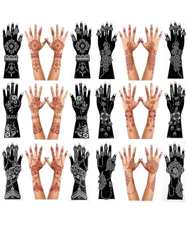 Large Henna Tattoo Stencil Kit ,12 Sheets Henna Tattoo Stickers for Hand Forearm Glitter Airbrush DIY Tattooing Template, Indian Temporary Tattoo Stickers for Women Girls