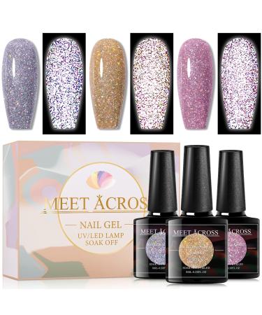 MEET ACROSS Reflective Glitter Gel Polish 3 Colors Gel Polish Kit Sparkly Shiny Diamond Gel for Nail Art Salon Design Manicure Starter Set (E019) A01