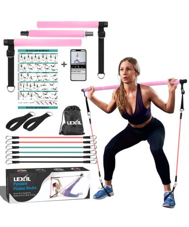 Lexil portable Pilates-bar exercise set stackable 3 pairs of resistance tapes (15 20 13.6 kg)-home fitness device for men and women workout set for body lashing with fitness video pink