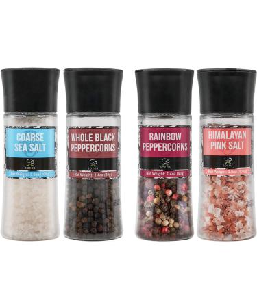 Soeos Black Peppercorns + White Sea Salt + Rainbow Peppercorns + Pink Salt, 9.8oz(277.82g) Spice Total, Plastic Bottle Grinder with Spice Included, Salt and Pepper Set, Grinder Set, Spice Set. Set of 4
