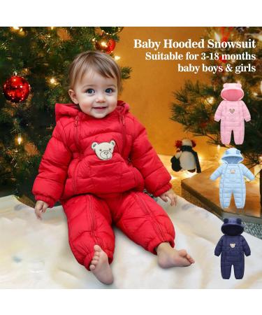JiAmy Baby Snowsuit Hooded Romper | Cartoon Bear Winter Outfit | Red | 6-12 Months - Buy Online on SooperMarket.com