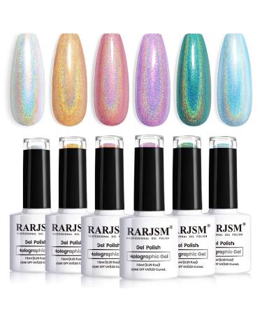RARJSM Holographic Nail Polish Set, Spring Summer Color Gel Nail Polish Silver Gold Violet Purple Olive Green Blue Rose Gold Gel Polish 6PCS 7.5ML Curing Required Nail Art Manicure Salon US029