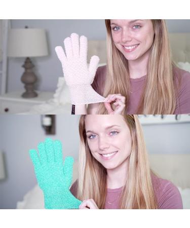 Exfoliating Glove Set - Spa Body Scrubber Mitts for Men and Women | Hanging Loop | Emerald Green + Pale Pink - Buy Online on SooperMarket.com