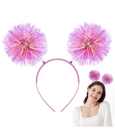 Pom Pom Headband Fun Festive Headwear Foil Strips Tinsel Fashion Hair Hoop Fluffy Ball Headband Fancy Dress Cosplay Hair Jewelry Accessories for Women Girls Party Birthday Halloween Christmas (Pink)