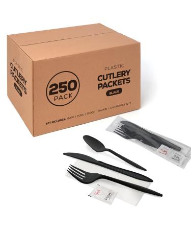 250 Plastic Cutlery Packets - Knife Fork Spoon Napkin Salt Pepper Sets | Black Plastic Silverware Sets Individually Wrapped Cutlery Kits, Plastic Utensil Cutlery Set Disposable Bulk To Go Silverware