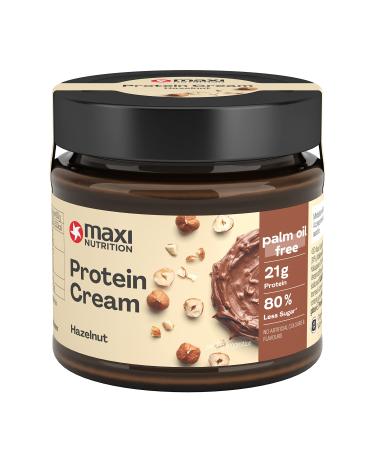 Maxinutrition Protein Cream Haselnut-Nougat 200g in a glass chocolate spread with 21% protein and 24% hazelnut content with only 7.7 grams of sugar (80% less than conventional string creams)