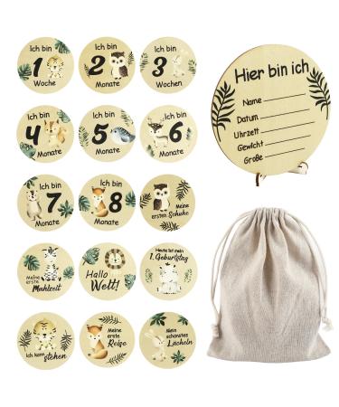 Wood milestone cards baby 15 pieces of milestones with fabric bags 30 patterns of wooden slices baby gift for birth gift idea for expectant mothers Baptism gifts - 10cm