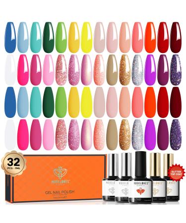 Modelones 32Pcs Gel Nail Polish Set 28 Colors Summer Neon Gel Polish with Glossy& Matte Gel Top Coat No Wipe Base Coat Nail Primer Glitter Pink Shimmer Colors Nail Polish Gift DIY Home