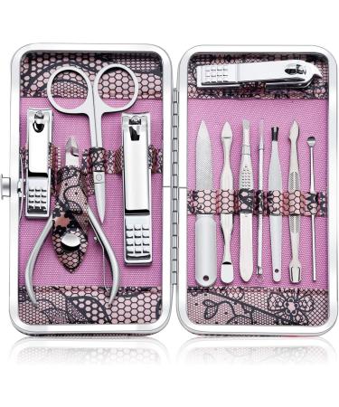 Manicure Set Professional nail clipper kit pedicure kit -12 pieces of care set made of stainless steel nail care tools travel grooming kit (pink)