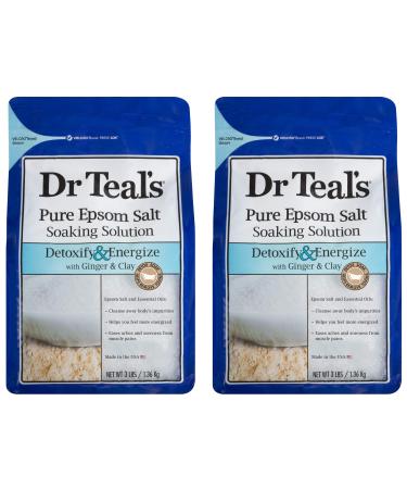 Dr Teal's Epsom Salt Bath Soaking Solution with Ginger and Clay - Detoxify and Energize - Pack of 2 3 lb Resealable Bags - Moisturize Your Skin Relieve Stress and Sore Muscles