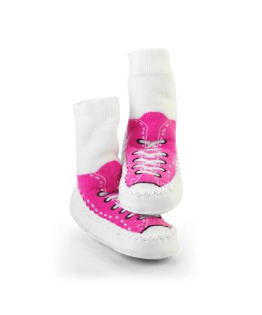 Mocc Ons moccasin washable leather sole slipper socks (6-12 Months Sneaker Fuchsia) 6-12 Months Sneaker Fuchsia