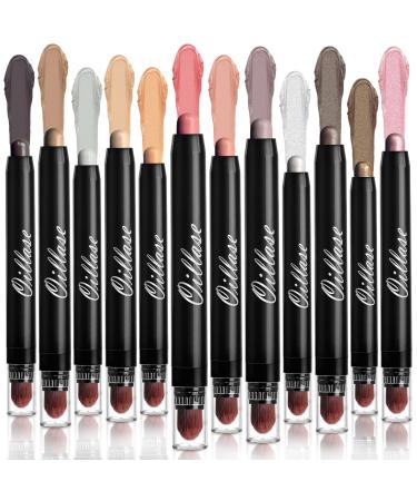 Oillase 12 PCS Eyeshadow Stick Sets with Smudge Proof Eyeshadow Primer Base  Glitter Eyeshadow Pen with Soft Brush  Cream Eye Shadow Stick Makeup  Shimmer and Matte Eyeshadow Pencil Crayon COLOR 3