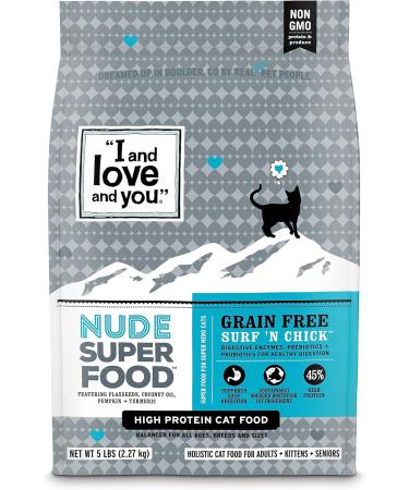 "I and love and you" Nude Superfood Dry Cat Food - Grain Free Limited Ingredient Kibble with Prebiotics & Probiotics & Digestive Enzymes (Variety of Flavors) Surf 'N Chick