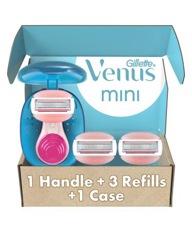 Gillette Venus Mini ComfortGlide White Tea Razors for Women, Includes 1 Venus Razor Mini Handle, 3 Razor Blade Refills, 1 Travel Case Handle + 3 Refills + Case