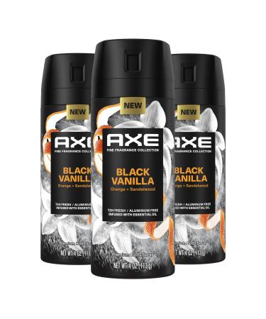 Axe Fine Fragrance Collection Premium Body Spray Black Vanilla with Orange + Sandalwood 3 Count with 72H Odor Protection Aluminum-Free 4 oz Body Deodorant