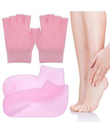 JECOMPRIS Moisturizing Gloves and Fingerless Socks Set Pink Gel Spa for Soften Repairing Dry Cracked Hands Feet Skin Care with Essential Oils lotions