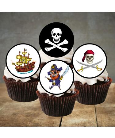 PRECUT Pirate Edible Cupcake Toppers - Pirates Theme Premium Thickness SWEETENED VANILLA - wafer card disc cake decorations (24)