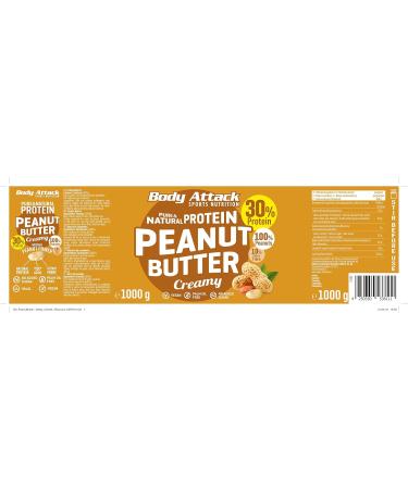 Body Attack Protein Peanut Butter 1kg - Creamy Vegan Natural Low Sugar 30% Protein No Salt & Palm Fat - Buy Online on SooperMarket.com