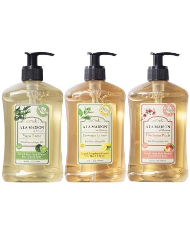 A LA MAISON Liquid Hand Soap Variety Pack - Yuzu Lime Provence Lemon and Heirloom Peach Triple French Milled Natural Moisturizing Soap (3 Pack 16.9 oz Bottle)