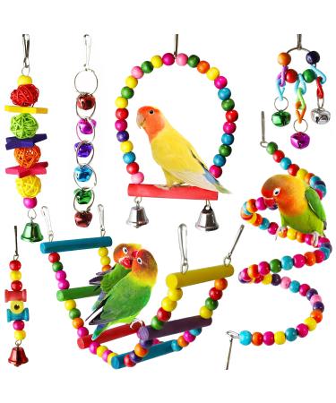 7 Pcs Bird Parakeet Cockatiel Toys, ESRISE Hanging Bell Pet Bird Cage Hammock Swing Climbing Ladders Toy Wooden Perch Chewing Toy for Conures, Love Birds, Finche, Budgerigar