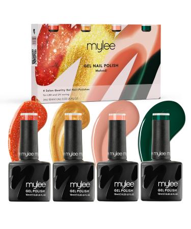Mylee Gel Nail Polish Quad Set 4x10ml Mehndi UV/LED Soak-Off Nail Art Manicure Pedicure for Professional Salon & Home Use Unveiled Collection - Long Lasting & Easy to Apply MG-QUAD42 - Mehndi