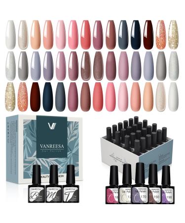 VANREESA Gel Nail Polish 21 Colours Gel Nail Polish Set Pink Nude Red Brown Glitter Classic Colours Soak Off U V Gel Polish Kit with Base Top Coat Nail Art Set Gifts for Women DIY at Home Dazzling Declining Sun