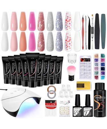 Poly Nail Gel Kit VANREESA 9 Colours Poly Nail Extension Gel Set with 36W U V Nail Lamp Manicure Tools Full Kit Builder Nail Gel Gifts Set for Beginners 9 White Pink Series