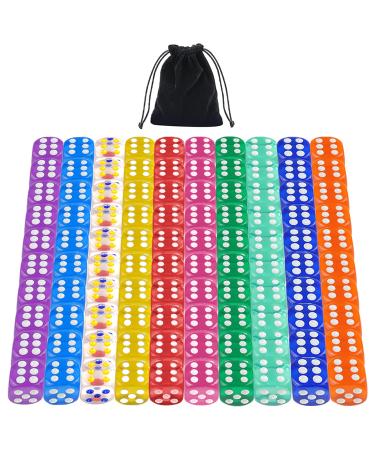 100 Pieces 6 Sided Dice Set 10 Colors 16mm Transparent Acrylic Dice with Free a Velvet Pouch for DND, MTG, RPG, Tenzi, Yahtze, Bunco, Table Borad Games, Math Teaching 100 Pieces 16mm