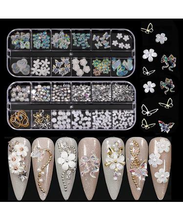 3D Nail Charms 2 Boxes Multi-Shape Aurora Bow Butterfly Bear Flower Nail Art Charms Nail Pearls Rhinestones Gems Nail Art Chains for Nail Art Decoration DIY Crafts (C)