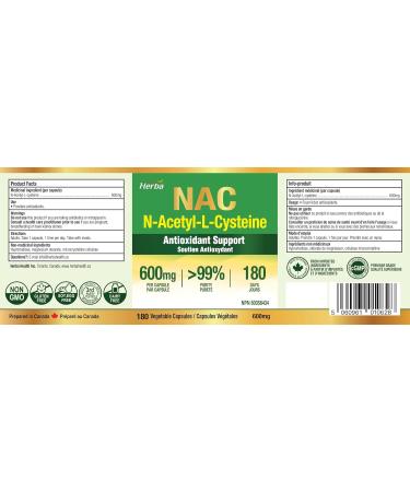 Herba NAC Supplement 600mg 180 Vegetable Capsules | N-Acetyl-L-Cysteine | NAC Supplement 600 mg for Antioxidant | Premium & Pure | Product of Canada | 180 Capsules - Buy Online on SooperMarket.com