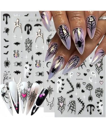 Spider Ghost Bat Nail Stickers for Nail Art 8 Sheets Halloween Nail Art Stickers Self-Adhesive Holiday Bat Ghost Spider Spider Web Pattern Design Nail Decals for Women DIY Manicure Tips Nail Charms Ghost Spider Bat Style