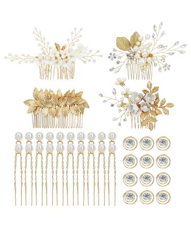 inSowni 36 Pack Gold Flower Leaf Bridal Wedding Hair Side Combs+U-shaped Pearl Hair Pins+Spiral Twist Rhinestone Hair Clips Barrettes Prom Headpieces Formal Hair Pieces Accessories for Brides Bridesmaids Women Girls