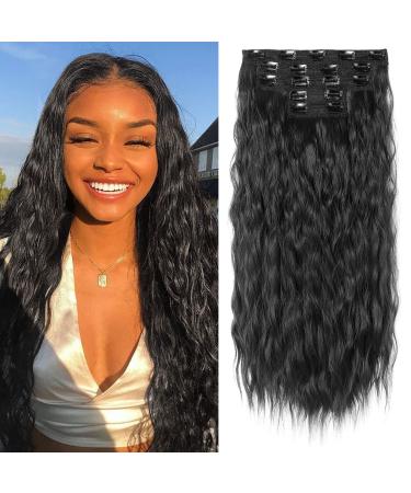 Clip in Hair Extensions REECHO 5PCS Brown Hair Extensions 24" Thick Long Loose Waves hair extensions HE002 Invisible Lace Weft Natural Soft Hairpieces for Women C Jet Black