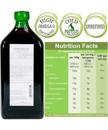 Ol Vita: Cold Pressed Hemp Seed Oil Raw Unrefined NO Additives Pure and Natural Supplement 500ml - Buy Online on SooperMarket.com