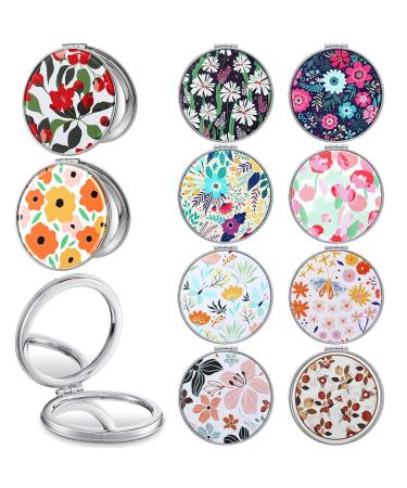 10 Pcs Compact Mirror Bulk for Women Double Sided Makeup Mirror Round Purse Mirror PU Leather Pocket Mirror Portable Travel Mirror Folding Handheld Mirror 1X/2X Girls Handbag  Floral Style
