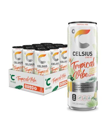 CELSIUS Sparkling Tropical Vibe, Functional Essential Energy Drink 12 Fl Oz (Pack of 12)
