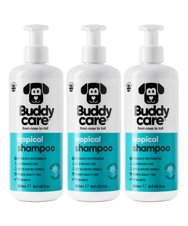 Tropical dog shampoo from BuddyCare - deep cleaning shampoo for dogs - refreshing fragrance - with aloe vera and pro -vitamin B5 (500ml X3) Tropical 500ml X3