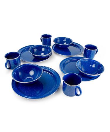 GSI Outdoors Camp Table Set for 4 I Includes Enamel Pioneer Plates, Bowls, & Coffee Mugs for Camping, Outdoors, RV Blue 4 Person