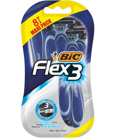 Bic Flex 3 Comfort Men's Razors Pack of 8 - with Three Movable-Blade Razors and Lubricating Strips for an Extra Smooth Shave 3 Count (Pack of 8)