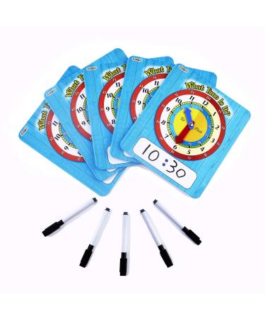 ZazzyKid Clock Learning for Children: 5 Clocks (20 x 18 cm) + 5 Erasable Markers - Children Learn to Tell the Time