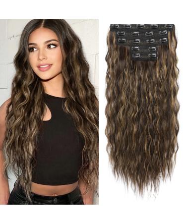 Clip in Hair Extensions REECHO 5PCS Brown Hair Extensions 24" Thick Long Loose Waves hair extensions HE002 Invisible Lace Weft Natural Soft Hairpieces for Women C Dark Brown with Highlights